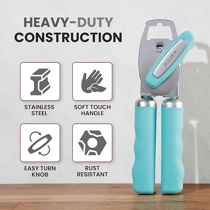 Zulay Kitchen Heavy Duty Stainless Steel Can Opener Manual with Bottle Opener - Rust Proof Manual Can Opener With Turn Knob & Comfy Soft Grip Handles - Teal - Image 3