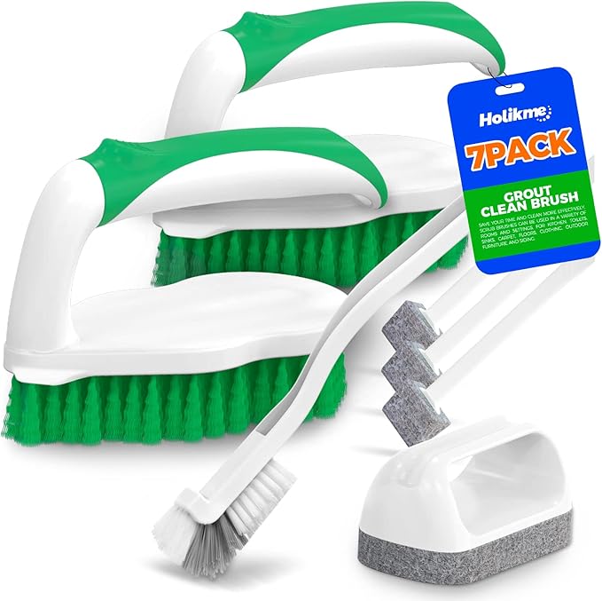 Holikme 7 Pack Deep Cleaning Brush Set, Scrub Pads with Scraper Tip for Pool Walls, Bathroom, Grout, Floor, Bike, Tub, Shower, Kitchen Surface (Green) by Holikme