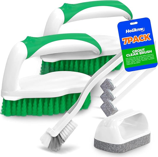 Holikme 7 Pack Deep Cleaning Brush Set, Scrub Pads with Scraper Tip for Pool Walls, Bathroom, Grout, Floor, Bike, Tub, Shower, Kitchen Surface (Green) by Holikme