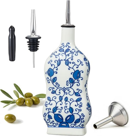 Ceramic Oil Dispenser 16oz, Square Blue and White Olive Oil Bottle with Stainless Steel Spout & Funnel, Leak-Proof Drip-Free Oil Cruet for EVOO, Vinegar, Soy Sauce, Kitchen Use