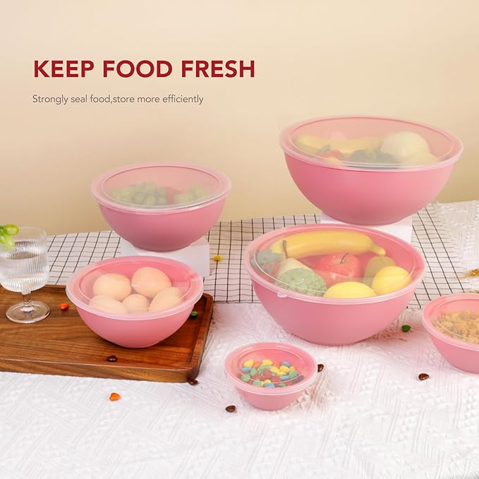 BoxedHome BPA Free Plastic Round Mixing Bowl with Lids, 12 Pack Nesting Bowls with Lids Set, Microwave and Dishwasher Safe Prep & Serving Bowls Great for Mixing, Baking, Serving (Pink, 12pcs) - Image 6