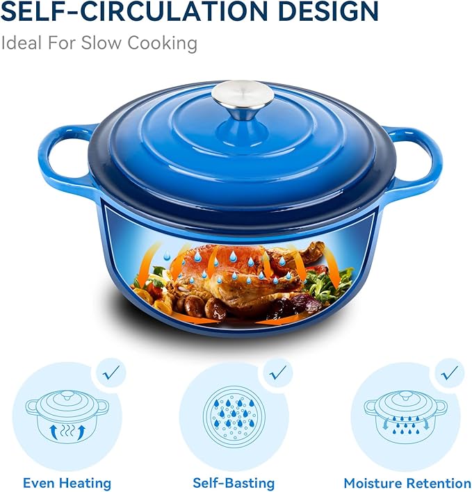 Miereirl 6 Quart Enameled Dutch Oven Pot with Lid, Cast Iron Dutch Oven with Dual Handles for Bread Baking, Cooking, Non-stick Enamel Coated Cookware (Dark Blue) - Image 2