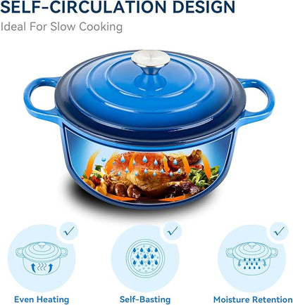 Miereirl 6 Quart Enameled Dutch Oven Pot with Lid, Cast Iron Dutch Oven with Dual Handles for Bread Baking, Cooking, Non-stick Enamel Coated Cookware (Dark Blue) - Image 2