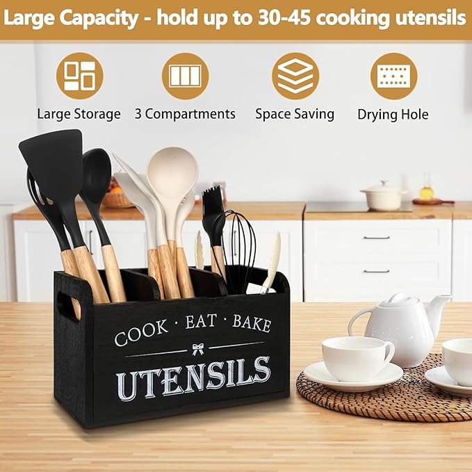 Farmhouse Cooking Utensils Organizer - Kitchen Utensil Holder Black Rustic Solid Wood Countertop Utensil Holder, 3 Compartment Spoon Holder for Kitchen Decor - Image 6
