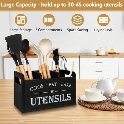 Farmhouse Cooking Utensils Organizer - Kitchen Utensil Holder Black Rustic Solid Wood Countertop Utensil Holder, 3 Compartment Spoon Holder for Kitchen Decor - Image 6