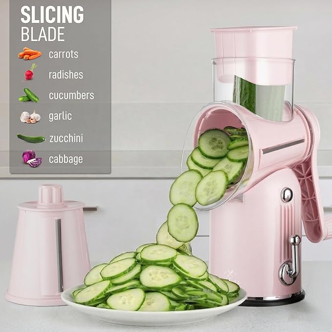 Zulay Kitchen Rotary Cheese Grater 5 Blade Cheese Shredder - Manual Hand Crank Cheese Grater With Reinforced Suction & 5 Interchangeable Drums - Easy to Use, Vegetable Chopper Round Mandoline Slicer - Image 5
