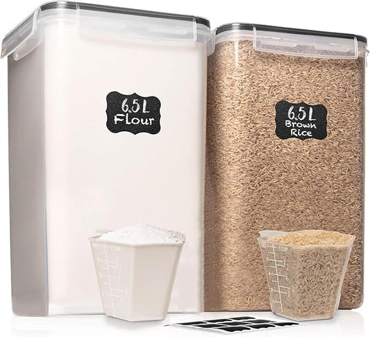 WHITE FEATHER SUPPLIES 2 PC [7 Qt / 6.5L / 220 Oz] Large Food Storage Containers with Lids Airtight - BPA Free Clear Plastic Kitchen and Pantry Storage Containers for Cereal, Flour, Sugar, Rice