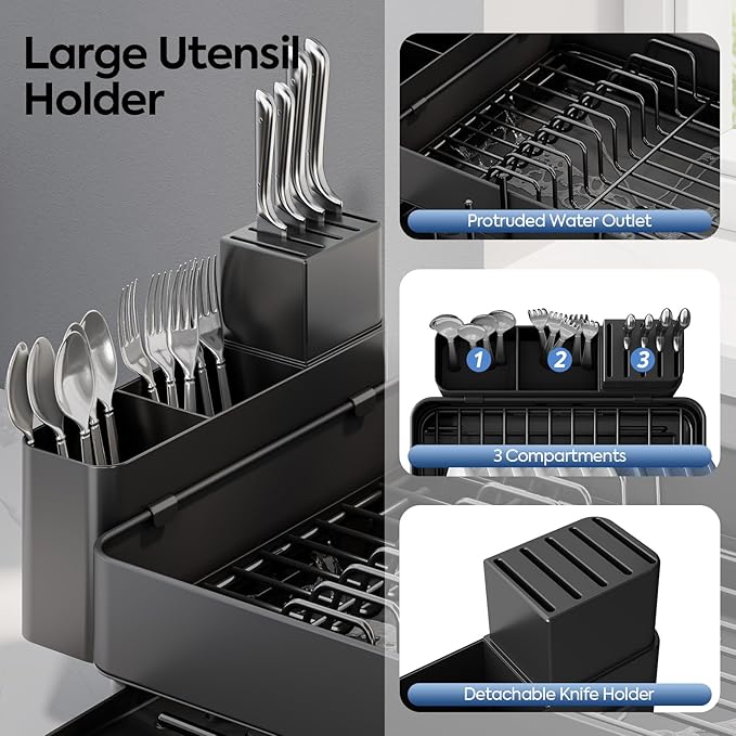 Expandable Dish Rack with Drainboard - Stainless Steel Dish Drainer with Removable Cutlery Tray, Foldable Cup Holder, Elevated Feet, Multifunctional Drainboard for Sink Countertop Kitchen Storage - Image 5