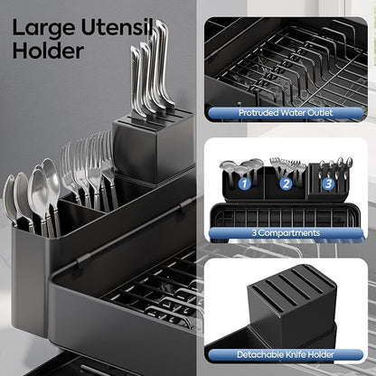 Expandable Dish Rack with Drainboard - Stainless Steel Dish Drainer with Removable Cutlery Tray, Foldable Cup Holder, Elevated Feet, Multifunctional Drainboard for Sink Countertop Kitchen Storage - Image 5