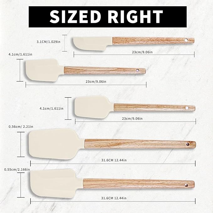 Ptanexx 5-Pcs Wooden Handle Silicone Spatula Set - Heat Resistant up to 428°F.Baking Spatulas for Batter Mixing, Cooking, Jar Scraping, Frosting & More | BPA FREE Gadgets for Non-Stick Cookware