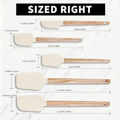Ptanexx 5-Pcs Wooden Handle Silicone Spatula Set - Heat Resistant up to 428°F.Baking Spatulas for Batter Mixing, Cooking, Jar Scraping, Frosting & More | BPA FREE Gadgets for Non-Stick Cookware