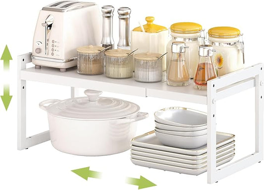 DOLALIKE Expandable Kitchen Countertop Organizer, Stackable Cabinet Shelf Organizers, Space Saving Spice Rack Pantry Storage for Bathroom Office Organization (White, 1 Tier)