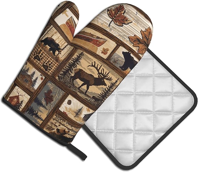 Rustic Lodge Pot Holders and Oven Mitts - Bear Moose Forest Oven Glove Hot Pads for Kitchen Chef Gifts for Cooking Lover Cooks - Image 2