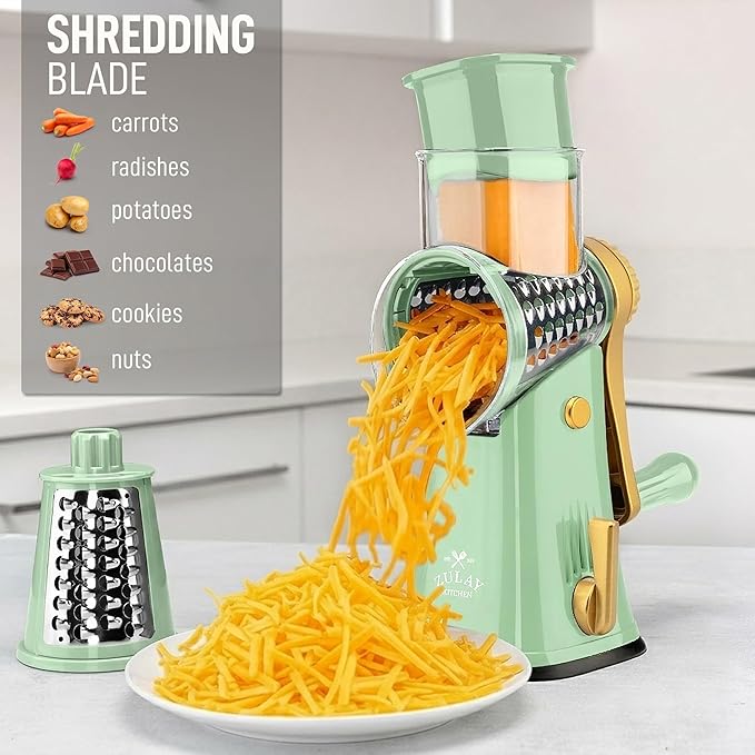 Zulay Kitchen Rotary Cheese Grater 5 Blade Cheese Shredder - Manual Hand Crank Cheese Grater With Reinforced Suction & 5 Interchangeable Drums - Easy to Use, Vegetable Chopper Round Mandoline Slicer - Image 3