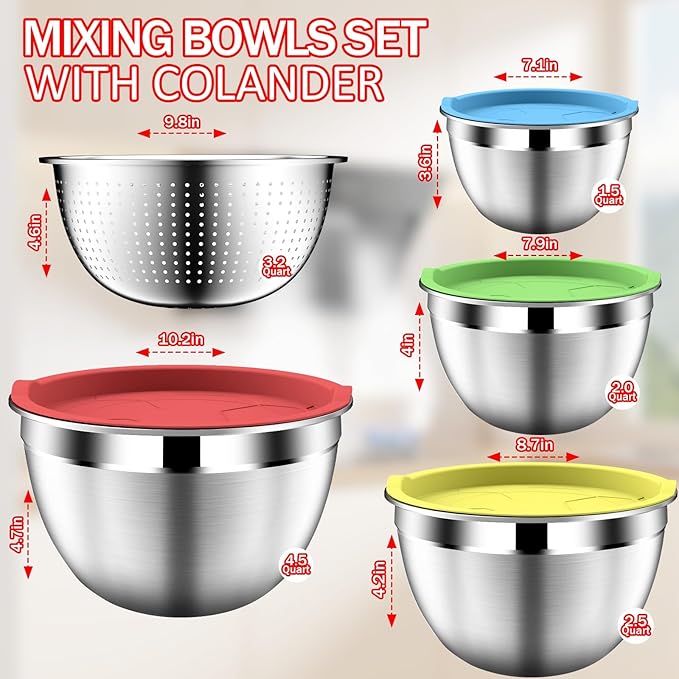 DUTZUN Mixing Bowls with Strainer, Mixing Bowl with Lids Set, Stainless Steel Mixing Bowls, Kitchen Gadgets Salad Bowls with Strainer for Mixing & Preping & Serving, Multicolor - Image 2