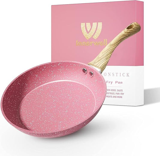 Frying Pan Nonstick, 9.5 Inch Pink Egg Pan, Non Stick Fry Pan 100% PTFE PFOA-Free Omelet Skillet Pan, Toxin-Free Skillets Stone Cookware, Anti-Warp Base with All Stove Tops, Induction Compatible by Innerwell