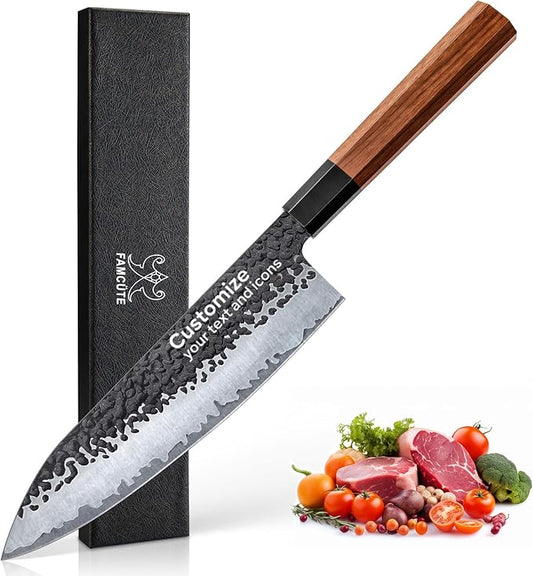 FAMCÜTE Customize Japanese Knife, Hand Forged 8 inch Chef Knife - High Carbon Steel 5 Layers 9CR18MOV Japanese Chefs Knife - Wood Handle Customizable Patterns and Copywriting Kitchen Knife for Gift by FAMC%C3%9CTE