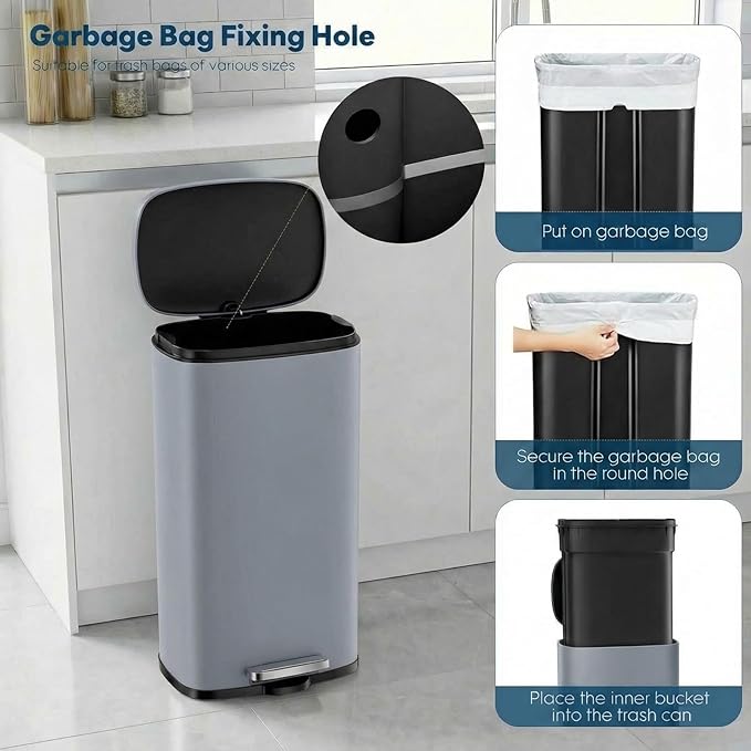 8 Gal Kitchen Trash Can, 30L Recycling or Garbage Bin, Brushed Stainless Steel Waste Basket, Soft&Quiet Close Dustbin, with Step-On Pedal, Removable Inner Bucket, for Home, Office, Living Room