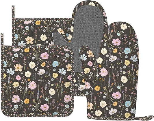 Oven Mitts and Pot Holders Set, Vintage Flower Botanical Leaf Silicone Kitchen Accessories 4 Piece Heat Resistant Long Gloves Potholder Non-Slip Grip for Chef Cooking Baking Grilling BBQ