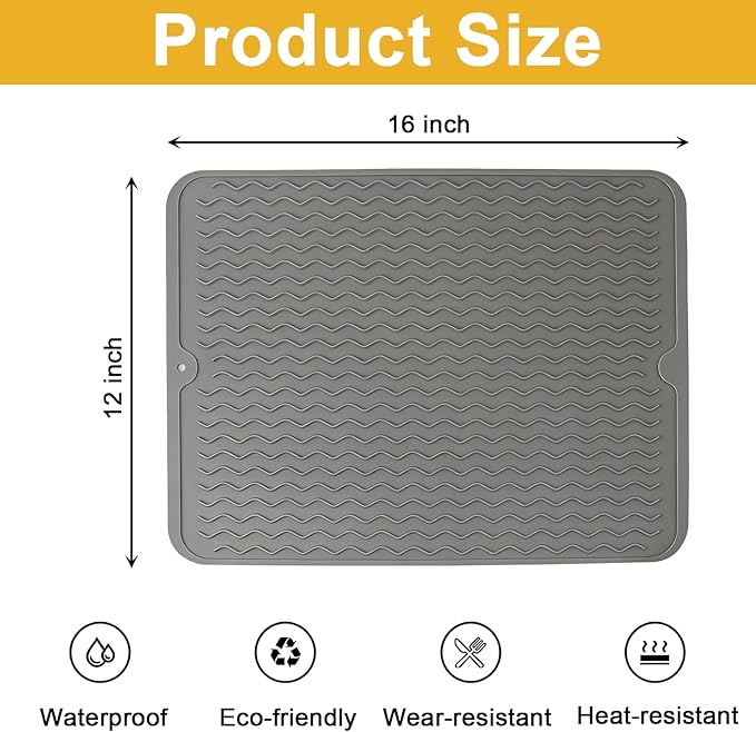Silicone Dish Drying Mat for Kitchen Counter Eco-Friendly Fast Dry Dish Mat Easy Clean Multi Usage Drying Matt Heat Resistant Trivet Fits Under Rack, Gray 12" x 16"
