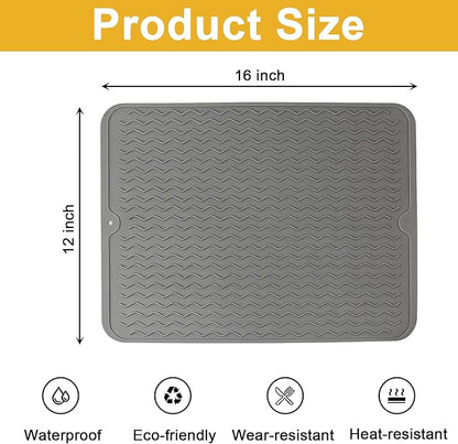Silicone Dish Drying Mat for Kitchen Counter Eco-Friendly Fast Dry Dish Mat Easy Clean Multi Usage Drying Matt Heat Resistant Trivet Fits Under Rack, Gray 12" x 16"