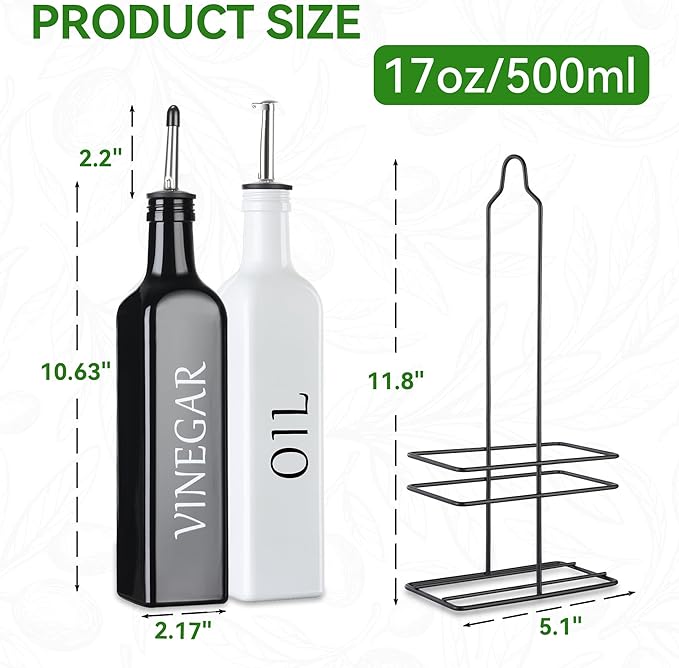 Vakoo Oil and Vinegar Dispenser Set - 17oz/500ml, Extra Thick Glass, Leak-Proof, Olive Oil Dispenser Bottle for Kitchen (White Black) - Image 8