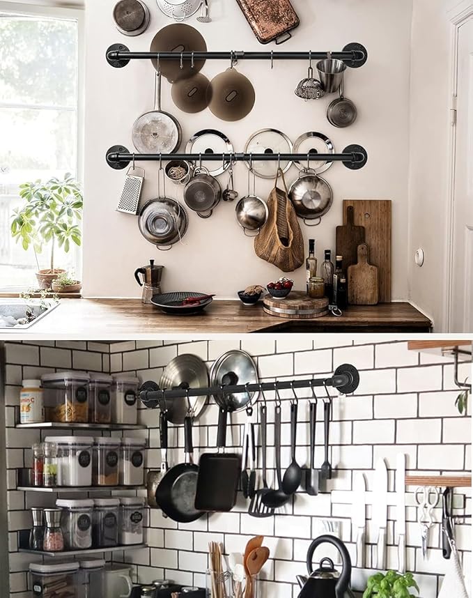 Industrail Pipe Pot Pan Rack, Wall mount Pot hangers Pan Haniging Rail Lid Hnager for kitchen with S Hooks (39"-2 Pack) - Image 7