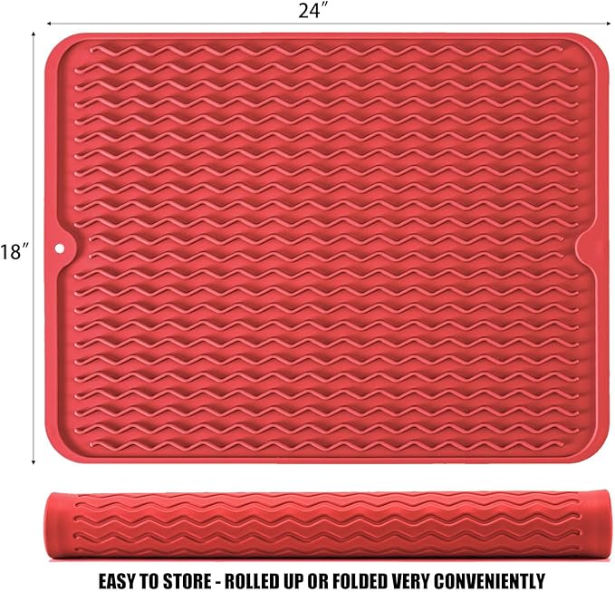 Large 24" x 18" Silicone Dish Drying Mat for Kitchen Counter, Easy clean, Quick Dry, Heat-resistant Dish Drainer Mat for Sink,Refrigerator or Drawer liner (Food Grade Silicone-Red) - Image 2