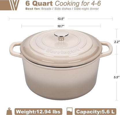 VORRINGARD Enameled Cast Iron Dutch Oven Pot with Lid, for Sourdough Bread Baking, Round Dutch Ovens, 6 Quart, Latte - Image 2
