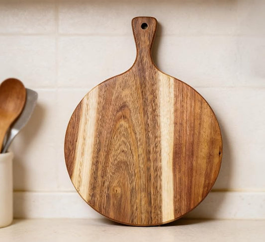 ZeQi Round Acacia Wood Cutting Board with Handle 16''x12'' /Charcuterie Board/Pizza Board/Serving Board for Cheese, Bread, Vegetables & Fruits (Round) by ZeQi