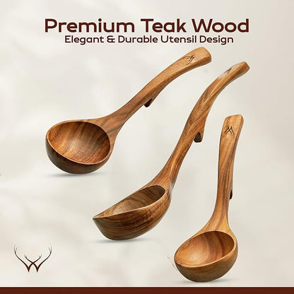 4Pcs Wooden Ladle Set – Teak Wood Soup Spoons with Hook Handles for Cooking, Serving, Stirring – Non-Stick Wooden Spoons for Pot & Bowl Use