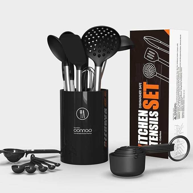 oannao Large Silicone Cooking Utensils Set - Heat Resistant Kitchen Utensils Sets,Spatula,Spoon,Turner Tongs,Whisk,Stainless Steel Cooking Utensil for Nonstick Cookware Dishwasher Safe (Black) - Image 4