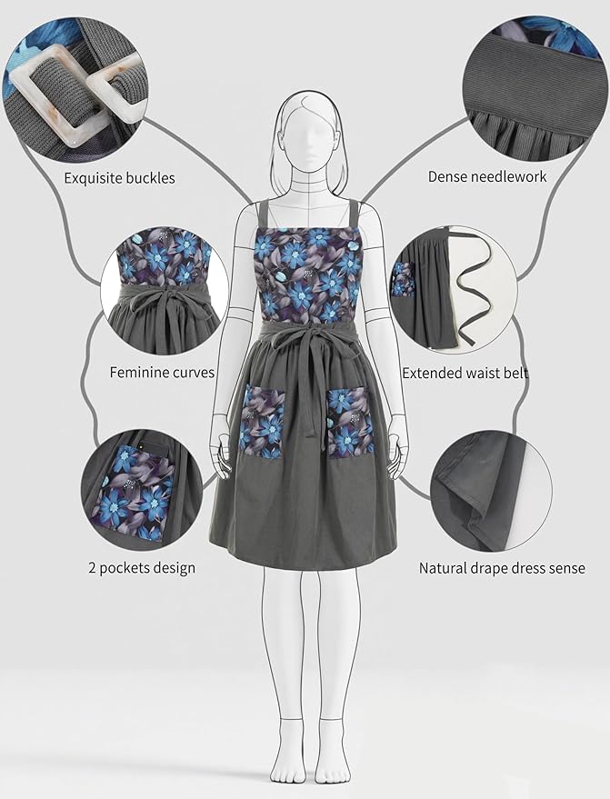 Pinknoke Vintage Pinafore Apron Dress for Women with Pockets Cute Floral Chef Aprons for Kitchen Cooking Baking Gardening - Image 4