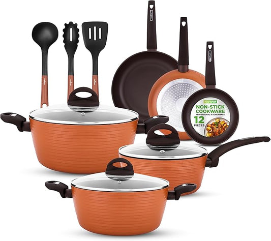 NutriChef Professional 12-Piece Brown Nonstick Cookware - PFOA/PFOS-Free, Heat Resistant Lacquer, Elegant Design, Multi-Sized Pots and Pans by NutriChef%E2%84%A2Kitchen