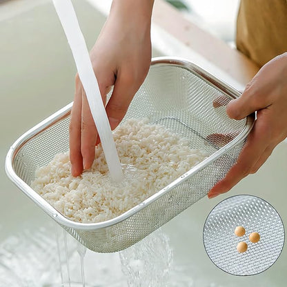 18/8 Stainless Steel Fine Mesh Strainer Basket with Feet, Rectangular Colander for Vegetables, Fruits, Pasta, Noodles – Rustproof, Durable & Easy to Clean (11.02 inch)