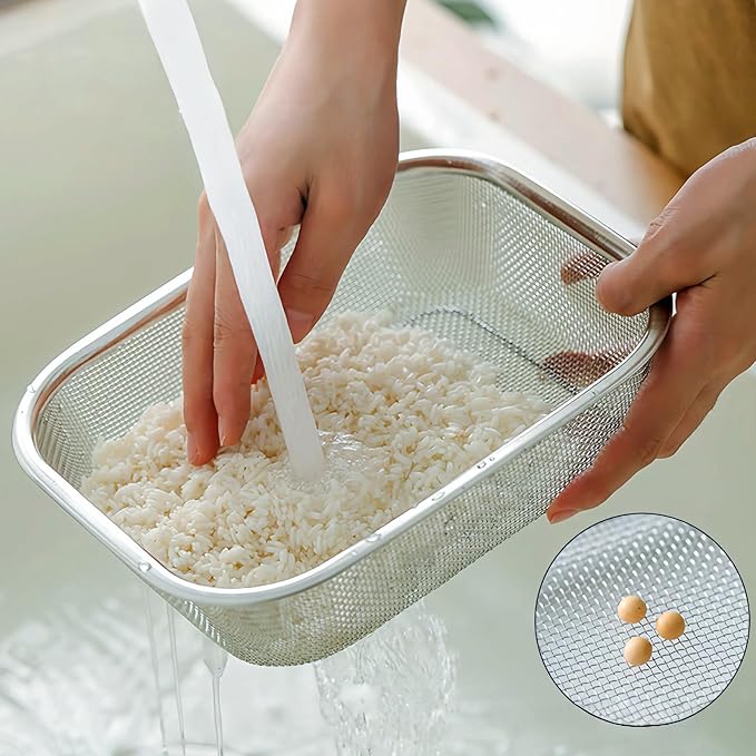 18/8 Stainless Steel Fine Mesh Strainer Basket with Feet, Rectangular Colander for Vegetables, Fruits, Pasta, Noodles – Rustproof, Durable & Easy to Clean (9.84 inch)