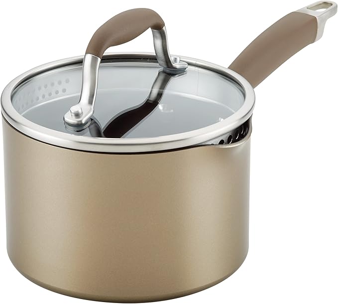 Anolon Advanced Home Hard Anodized Nonstick Sauce Pan/Saucepan with Straining and Lid, 2 Quart (2 Qt Straining Saucepan, Bronze)