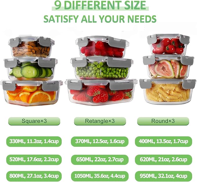 HOMBERKING Glass Food Storage Containers with Lids, [18 Piece] Glass Meal Prep Containers, Airtight Lunch Bento Boxes, BPA-Free & Leak Proof (9 lids & 9 Containers) - Grey - Image 2