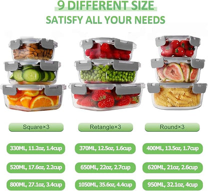 HOMBERKING Glass Food Storage Containers with Lids, [18 Piece] Glass Meal Prep Containers, Airtight Lunch Bento Boxes, BPA-Free & Leak Proof (9 lids & 9 Containers) - Grey - Image 2