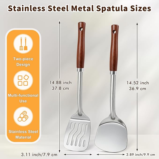 2 Pcs Stainless Steel Spatulas Set, Metal Spatula Solid & Slotted Turner, Heavy Duty Sturdy Spatula for Kitchen Use, High Heat Resistant Cooking Utensils for Fish Eggs Pancakes, Easy to Clean, Silver - Image 6
