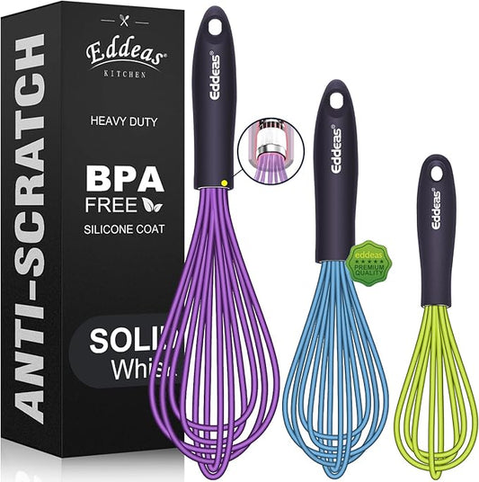 Eddeas Silicone Whisk, 500°F Heat Resistant Non Scratch Coated Whisks for Cooking Baking Balloon wisk, Kitchen Whisk Tool Set, for Stirring, Beating & Blending of 3 Size 7.5"+ 9" +11 inch by Eddeas