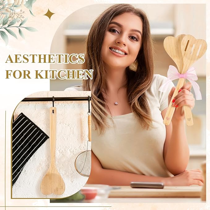 Reallnaive 24 Pcs Bamboo Spatula Wooden Kitchen Utensil Bulk 12''wood Spoon Spatula for Cooking with Ribbon Bridal Baby Shower Game Prize Wedding Party Favors Housewarming Gift (Heart Style)