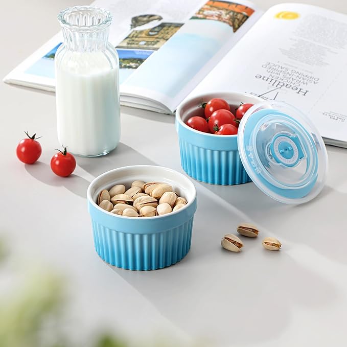 vancasso 6 oz Ramekins with Lid, Porcelain Creme Brulee Souffle Dishes, Blue Pudding Custard Cups Ramiken for Baking, Dishwasher and Oven Safe, Set of 6 - Image 8