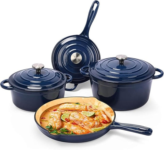 Hisencn Enameled Cast Iron Cookware Set - 7 Piece Dutch Ovens Set, Sauce Pan, Skillet, 3 Lids, Pots and Pans Set, Ceramic Coated Cast Iron, Heavy Duty, Gas/Induction Compatible, PFA Free
