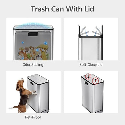 Garvee Kitchen Dual Trash Can, 15 gal Large Recycling Bin Garbage Can with Butterfly Lid, Fingerprint Resistant Stainless Steel Trash Bin for Kitchen, Living Room, Office (2 x 28 L) - Image 3