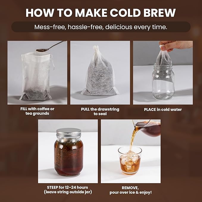 Cold Brew Bags, 120 Count Brew Coffee Filter Bags, 4 * 6 Inch Fine Mesh Drawstring Pouches, Fits Mason Jars & French Press, Ideal for Tea, Herbs & Spices - Image 3