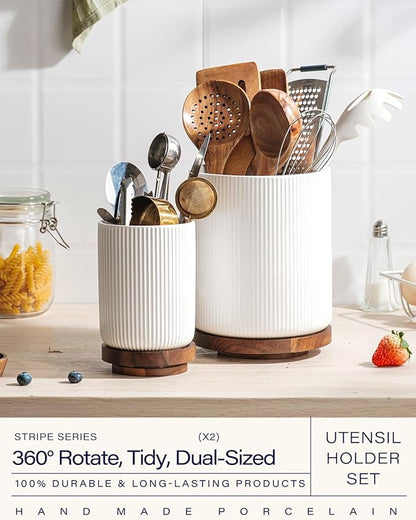 getstar Large Rotating Utensil Holder for Kitchen Counter,7.9"+6" Ceramic Utensils Crocks Set for Countertop Large & Small Utensil Organizer for Spatula Farmhouse Kitchen Decor - Image 2