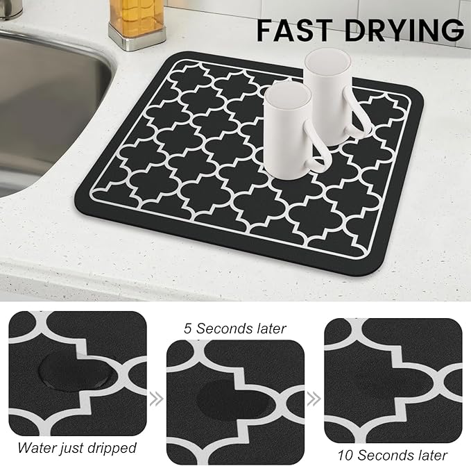 WISELIFE Dish Drying Mat Super Absorbent Drying Mat Large Dish Drying Mats for Kitchen Counter Easy Clean Dish Mat Kitchen Drying Mat15"x 18" Stylish Black - Image 4