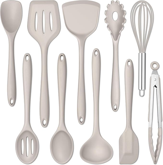 E-far 10 Pieces Silicone Cooking Utensils Set, Heat Resistant Kitchen Utensil Set for Nonstick Cookware, Kitchen Cooking Tools with Spatula, Spoon, Slotted Turner, Non-Toxic & Dishwasher Safe (Khaki) by E-far