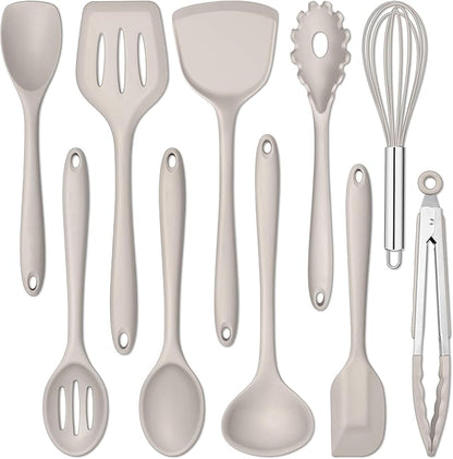 E-far 10 Pieces Silicone Cooking Utensils Set, Heat Resistant Kitchen Utensil Set for Nonstick Cookware, Kitchen Cooking Tools with Spatula, Spoon, Slotted Turner, Non-Toxic & Dishwasher Safe (Khaki) by E-far